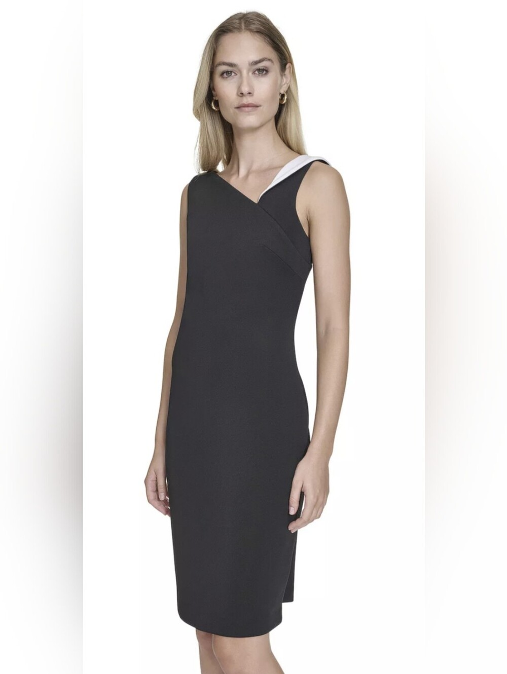 Andrew Marc Black One-Shoulder Sheath Dress with White Accent